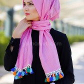 RENKLİ PÜSKÜLLÜ KETEN ŞAL - PEMBE RENKLİ PÜSKÜLLÜ KETEN ŞAL - PEMBE