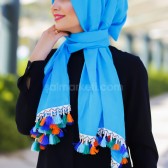 RENKLİ PÜSKÜLLÜ KETEN ŞAL - TURKUAZ