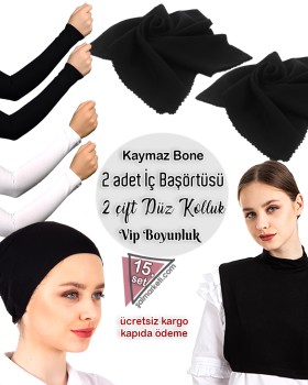 1 Adet Kaymaz Bone - 1 Adet Vip Boyunluk - 2 Çift Düz Kolluk - 2 Adet İç Başörtüsü