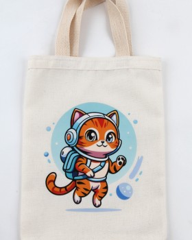 KEDİ DESENLİ LOGO BASKILI HAM BEZ ÇANTA