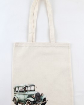KLASİK ARABA DESENLİ BASKILI HAM BEZ ÇANTA
