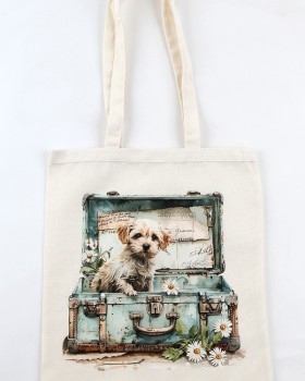 KÖPEK DESENLİ BASKILI HAM BEZ ÇANTA