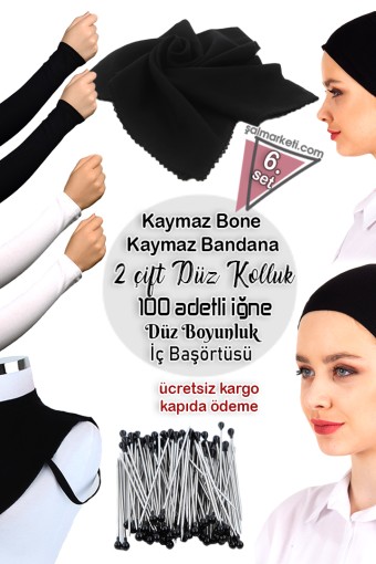 1 Adet Kaymaz Bone - 1 Adet Kaymaz Bandana - 1 Adet Düz Boyunluk - 2 Çift Düz Kolluk - 1 Adet İç Başörtüsü - 1 Kutu 100 Adetli İğne