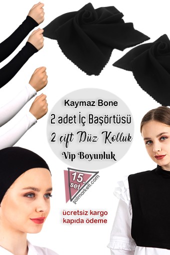 1 Adet Kaymaz Bone - 1 Adet Vip Boyunluk - 2 Çift Düz Kolluk - 2 Adet İç Başörtüsü