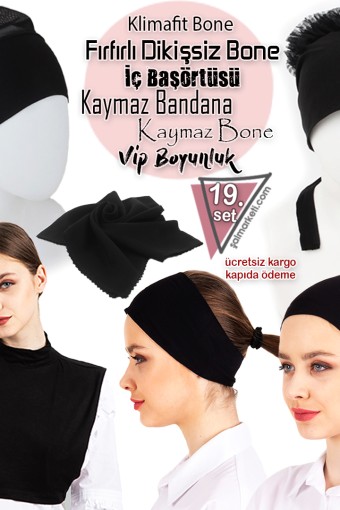 1 Adet Vip Boyunluk - 1 Adet İç Başörtüsü - 1 Adet Klimafit Bone - 1 Adet Kaymaz Bone - 1 Adet Kaymaz Bandana - 1 adet Fırfırlı Dikişsiz Bone