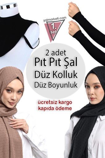 2 Adet Pıt Pıt Şal - 1 Adet Düz Boyunluk - 1 Çift Düz Kolluk