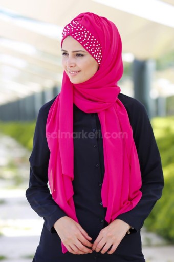 İNCİLİ TAŞLI HAZIR BONELİ ŞAL FUŞYA