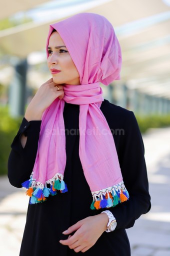 RENKLİ PÜSKÜLLÜ KETEN ŞAL - PEMBE