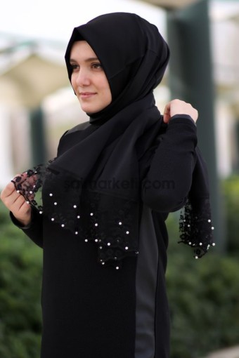 İNCİ DANTELLİ ŞAL SİYAH