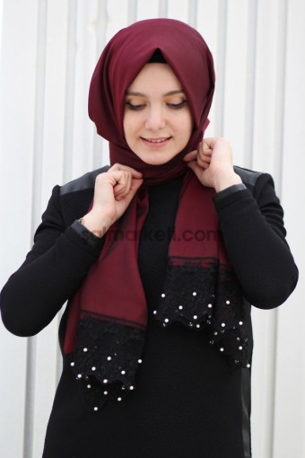 İNCİ DANTELLİ ŞAL BORDO