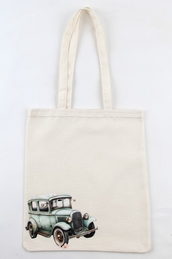 KLASİK ARABA DESENLİ BASKILI HAM BEZ ÇANTA