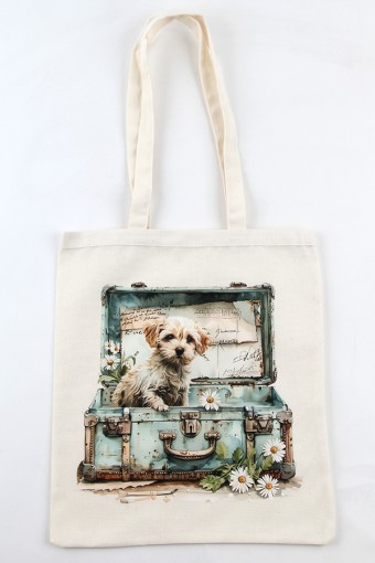 KÖPEK DESENLİ BASKILI HAM BEZ ÇANTA