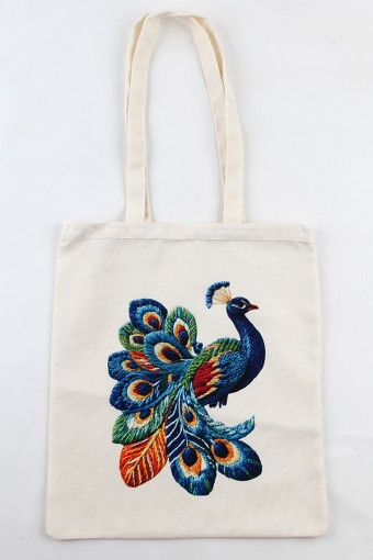 TAVUS KUŞU DESENLİ BASKILI HAM BEZ ÇANTA